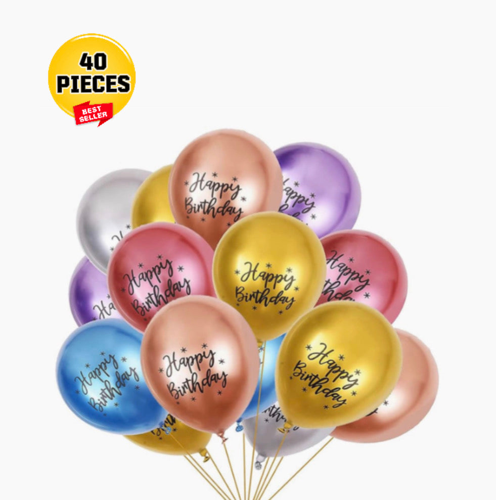 Happy Birthday Chrome Metallic Latex Balloons - Set of 40
