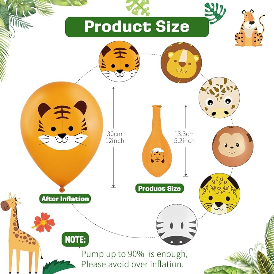 Safari Animal Latex Balloons - Set of 12